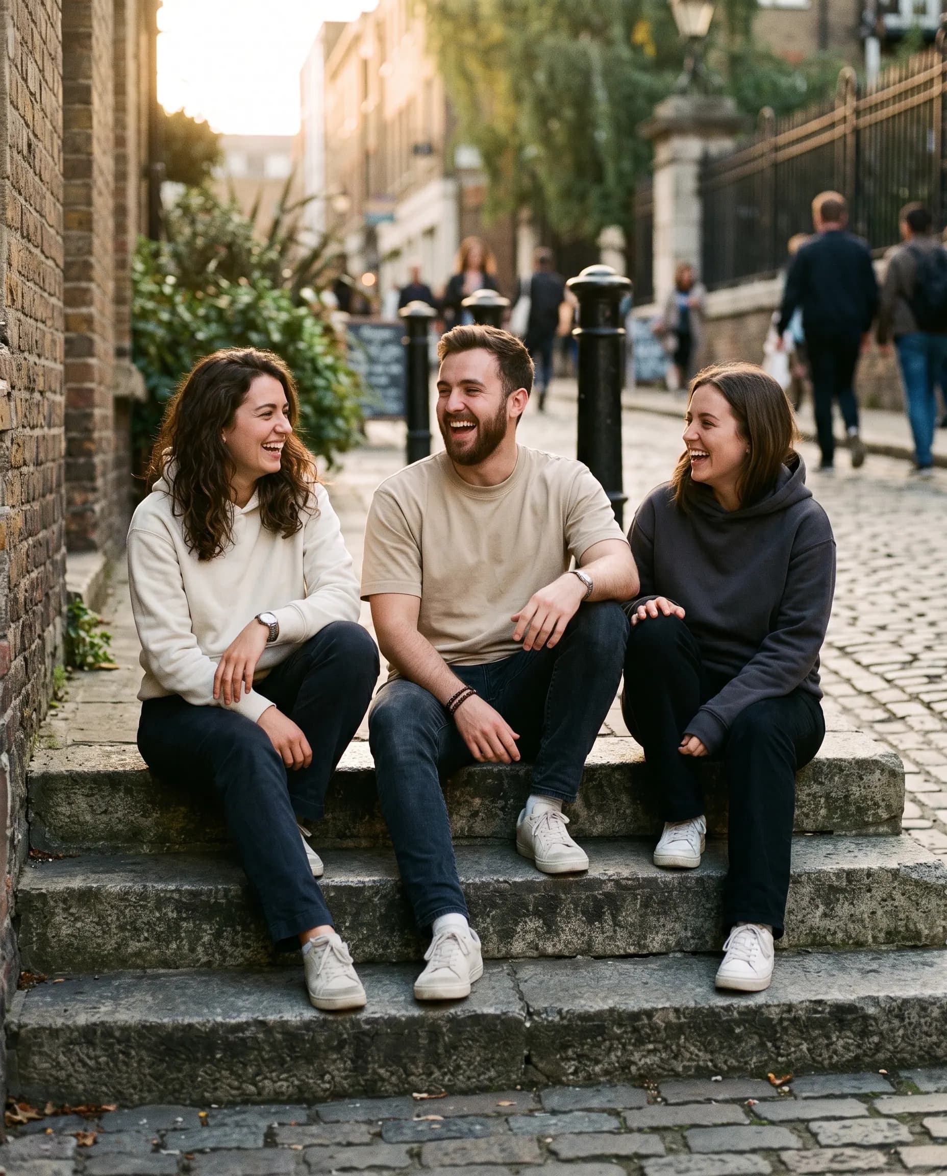 Three friends laughing on concrete steps at golden hour